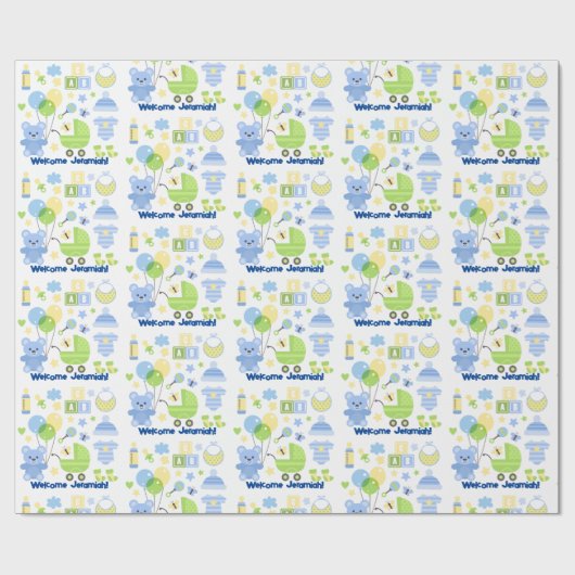 Papier Cadeau Baby Boy Ajouter Nom Ballons Bleus & Ours Teddy (Plat)