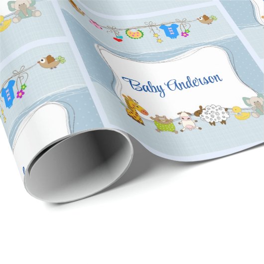 Papier Cadeau Baby Boy Ajouter Personnaliser Nom ou Texte Bleu (Coin rond)