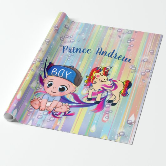 Papier Cadeau Baby Boy arc-en-ciel Bubbles & Unicorns Baby showe (Déroulé)
