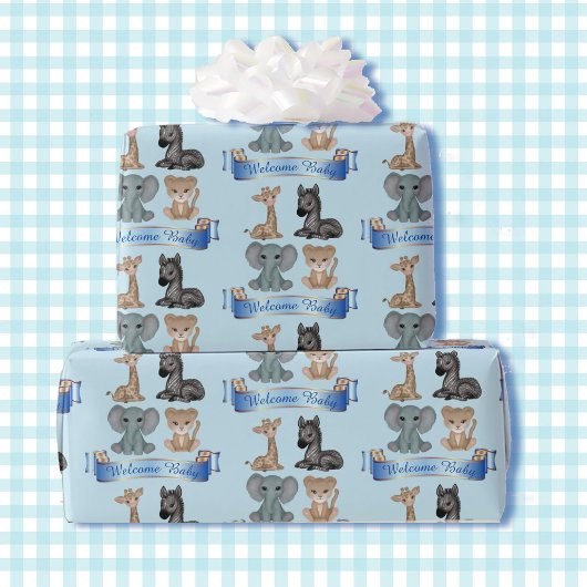 Papier Cadeau Baby Boy Blue Zoo Animaux Ajouter Nom Giraffe Zebr
