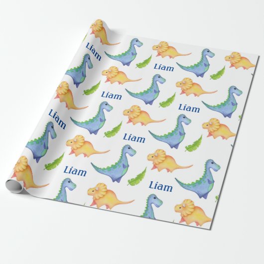 Papier Cadeau Baby Boy Dinosaur Nursery Cute Nouveau-né Nom Cade (Déroulé)