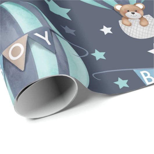 Papier Cadeau Baby Boy Hot Air Balloon Et Bear Motif (Coin rond)