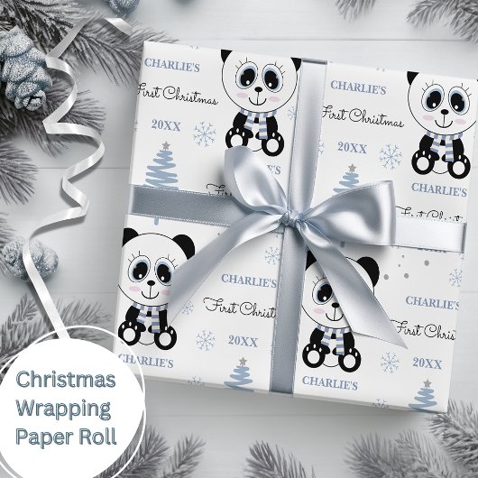Papier Cadeau Baby Boys First Christmas Panda Bear Bleu