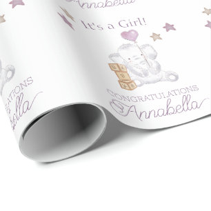 Papier Cadeau Baby Girl Elephant and mignon Balloon Aquarelle