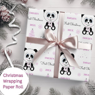 Papier Cadeau Baby Girls First Christmas Panda Bear Rose
