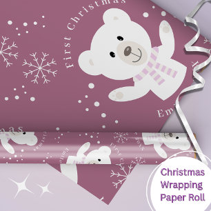 Papier Cadeau Baby Girls First Christmas Polar Bear Rose
