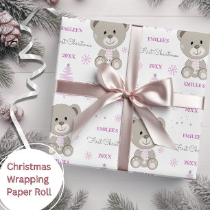 Papier Cadeau Baby Girls First Christmas Teddy Bear Rose