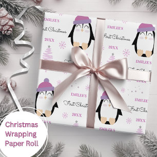 Papier Cadeau Baby Girls First Christmas Winter Penguin rose