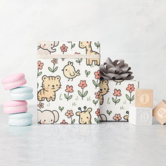 Papier Cadeau Baby Safari Faune Avec Fleurs De Doodle (Baby Shower)