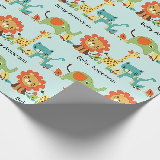 Papier Cadeau Baby shower Animaux Ajouter Nom Giraffe Lion Garço (Coin)