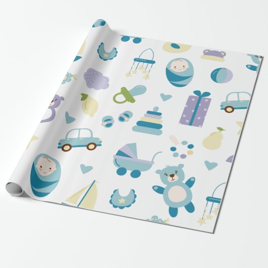 Papier Cadeau Baby shower blanc et bleu (Déroulé)