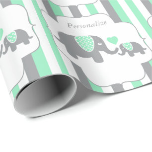Papier Cadeau Baby shower blanc, vert et gris d'éléphants de