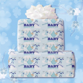 Papier Cadeau Baby shower Bleu Garçon Personnaliser Nom Texte