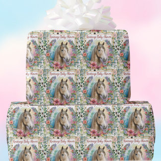 Papier Cadeau Baby Shower Cheval Floral Aquarelle