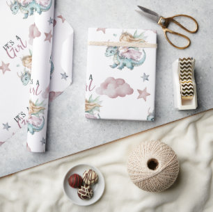 Papier Cadeau Baby Shower Conte de Fées Dragon Rose Princesse 