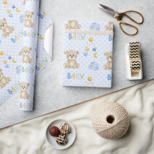 Papier Cadeau Baby shower d'aquarelle bleu Teddy Bear (Artisanat)