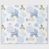 Papier Cadeau Baby shower d'aquarelle Blue Baby Carriage (Plat)