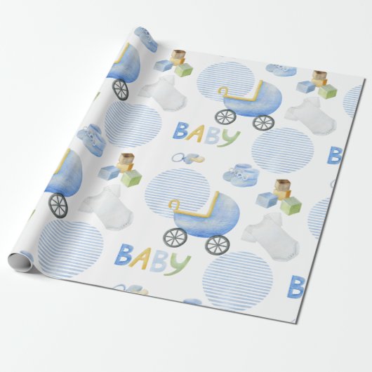 Papier Cadeau Baby shower d'aquarelle Blue Baby Carriage (Déroulé)