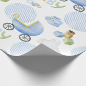 Papier Cadeau Baby shower d'aquarelle Blue Baby Carriage (Coin)