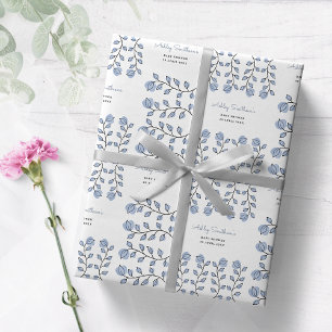 Papier Cadeau Baby shower d'aquarelle florale (bleu)