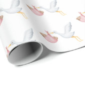 Papier Cadeau Baby shower d'aquarelle rose bébé et cigogne (Coin rond)