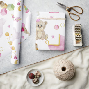 Papier Cadeau Baby shower d'aquarelle rose Teddy Bear Baby Girl