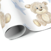 Papier Cadeau Baby shower d'aquarelle Teddy Bear Blue Stars (Coin rond)