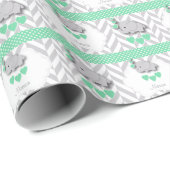 Papier Cadeau Baby shower d'éléphant vert, gris blanc (Coin rond)