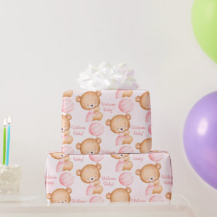 Papier Cadeau Baby shower d'ours en peluche rose pastel