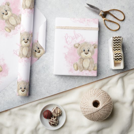Papier Cadeau Baby shower d'ours pour fille rose (Artisanat)