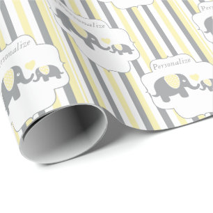 Papier Cadeau Baby shower Eléphants blanc, gris et jaune