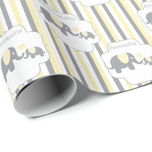Papier Cadeau Baby shower Eléphants blanc, gris et jaune (Coin rond)