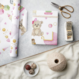 Papier Cadeau Baby shower fille ours en Teddy rose