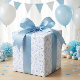 Papier Cadeau Baby Shower Garçon Fleurie Ruban Bleu Poussiéreux