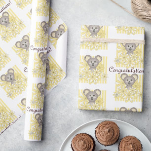 Papier Cadeau Baby shower Koala à rayures jaunes / Anniversaire 