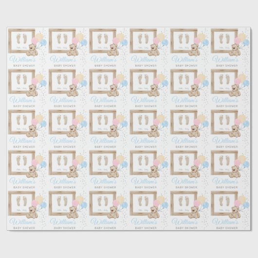 Papier Cadeau Baby shower mignon Pieds Bleu Nom personnalisé (Plat)