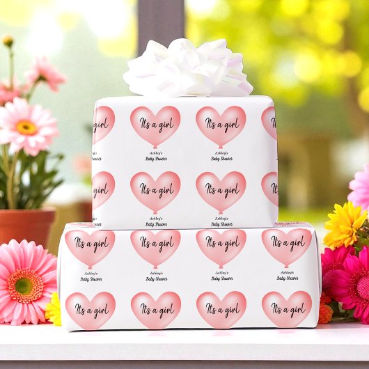 Papier Cadeau Baby shower rose blanc Coeur de ballon