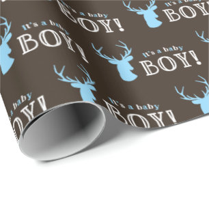 Papier Cadeau Baby shower rustique Bois Bleu Cerf