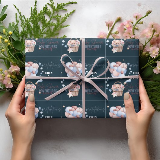 Papier Cadeau Baby shower sur mesure Blue Teddy Bear et Balloon