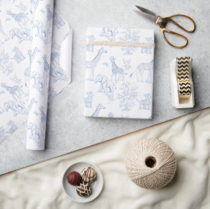 Papier Cadeau Baby Shower Thème Animal Toile Bleue Vintage