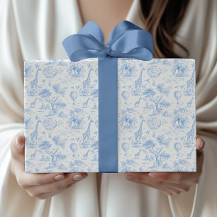 Papier Cadeau Baby-Shower Toile de Jouy Safari Bleu