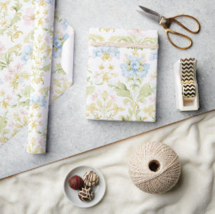 Papier Cadeau Baby Shower Vintage Rose Bleu Damassé