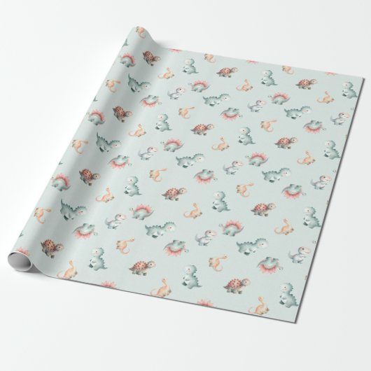Papier Cadeau Baby Shower Wrapping Paper Mixed Dinosaur Pattern (Déroulé)