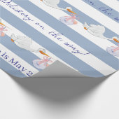 Papier Cadeau Baby Stork Wrapping Paper Blue & White Stripe  (Coin)