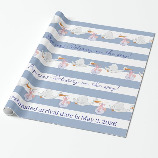 Papier Cadeau Baby Stork Wrapping Paper Blue & White Stripe  (Déroulé)