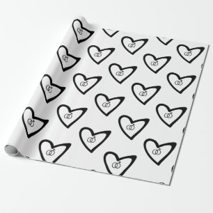 Papier Cadeau Bagues coeurs romantiques motif noir mariage allia