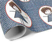 Papier Cadeau Baguette Figure Girl en Basket sur Denim Bleu (Coin rond)