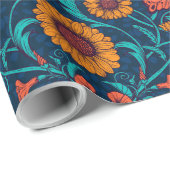 Papier Cadeau Baies Art Nouveau en bleu et jaune (Coin rond)