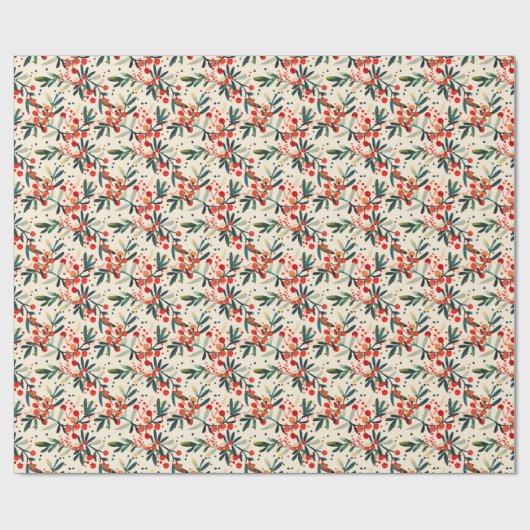 Papier Cadeau Baies de houx rouges modernes de Noël (Plat)