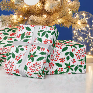 Papier Cadeau Baies rouges de houx botanique Noël Fêtes